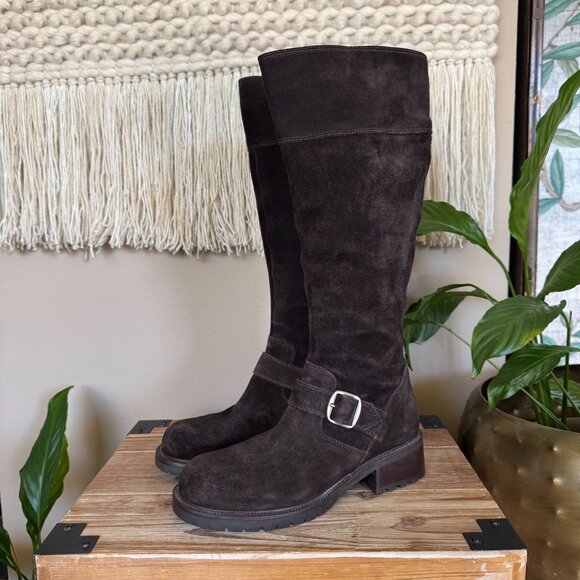 Vintage J. Crew Brown Suede Silver Buckle Inner Zip Lug Sole Knee High Boots - Picture 1 of 16